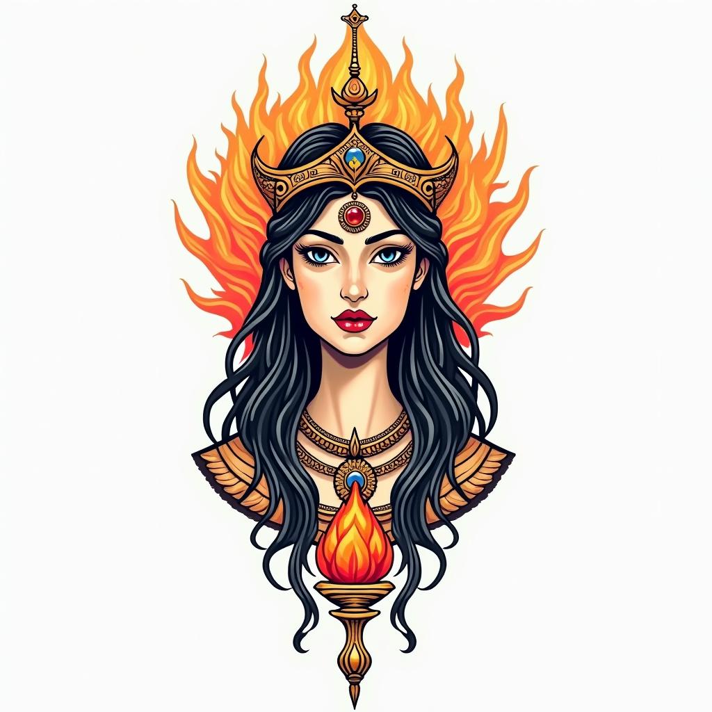Athena, the goddess of war, firein spiritual symbols tattoo style, featuring an intricate design incorporating elements, Hamsa hand, third eye, minimalist composition - Variation 4