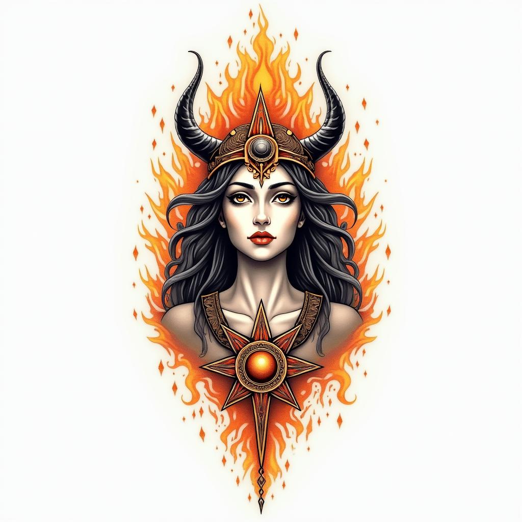 Athena, the goddess of war, firein spiritual symbols tattoo style, featuring an intricate design incorporating elements, Hamsa hand, third eye, minimalist composition - Variation 3