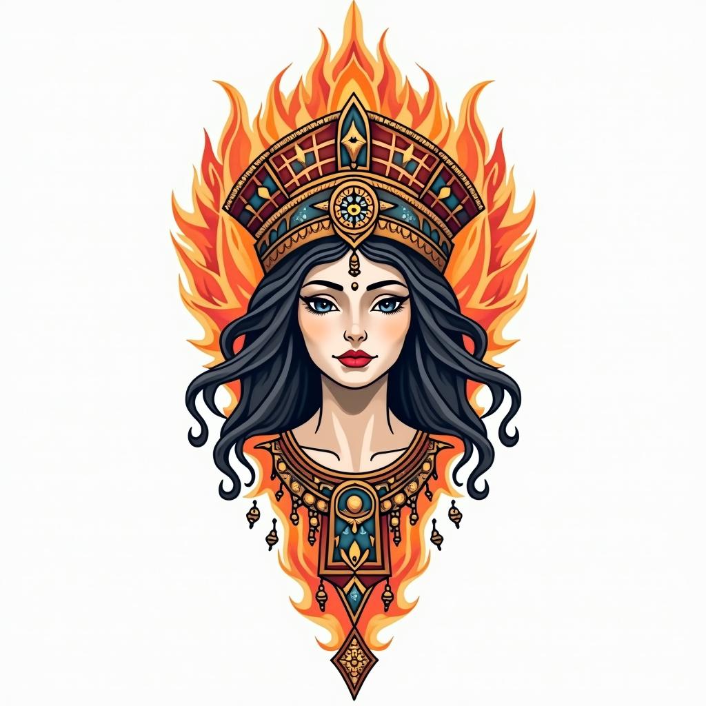 Athena, the goddess of war, firein spiritual symbols tattoo style, featuring an intricate design incorporating elements, Hamsa hand, third eye, minimalist composition - Variation 2