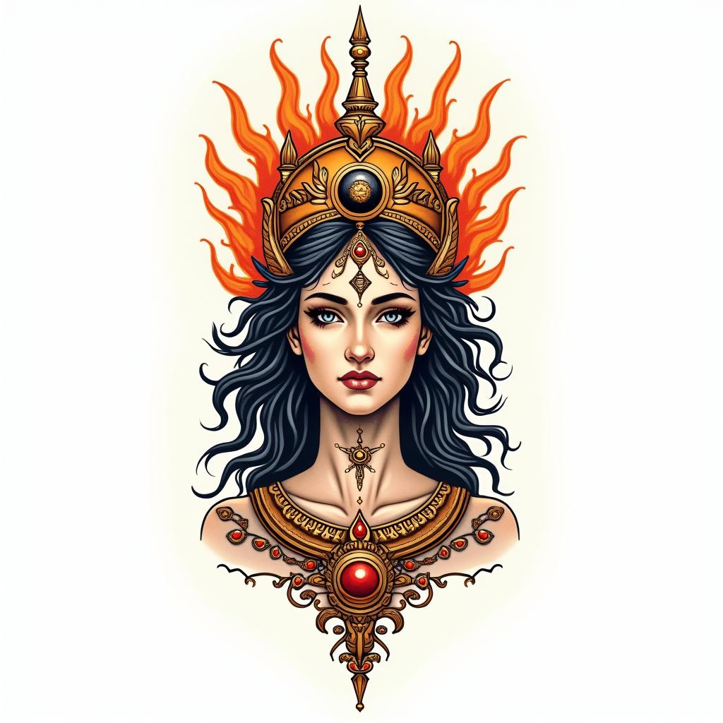Athena, the goddess of war, firein spiritual symbols tattoo style, featuring an intricate design incorporating elements, Hamsa hand, third eye, minimalist composition