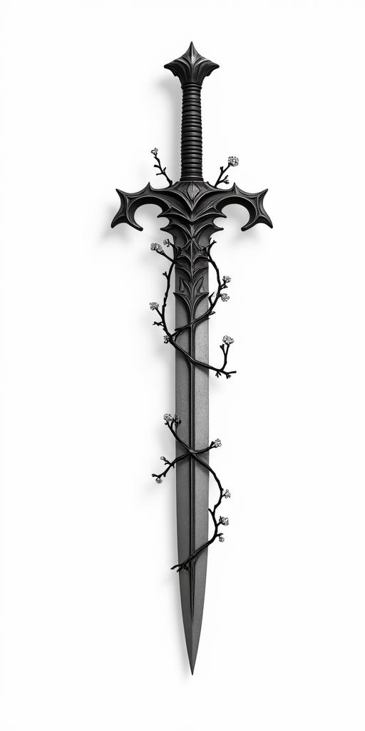 Assassins creed hidden blade with flowers, thorns blood and vines intertwined in elegant cursive calligraphy style 2d tattoo, decorate with roses, featuring a smooth and flowing handwritten script with slightly thickened strokes for a luxurious and bold appearance,  heart symbol between names,  sleek and glossy black text with shadowing, minimalist matte white background, clean and sharp edges, illuminated with soft lighting, romantic, 8k, high-quality textures with refined typography - Variation 2