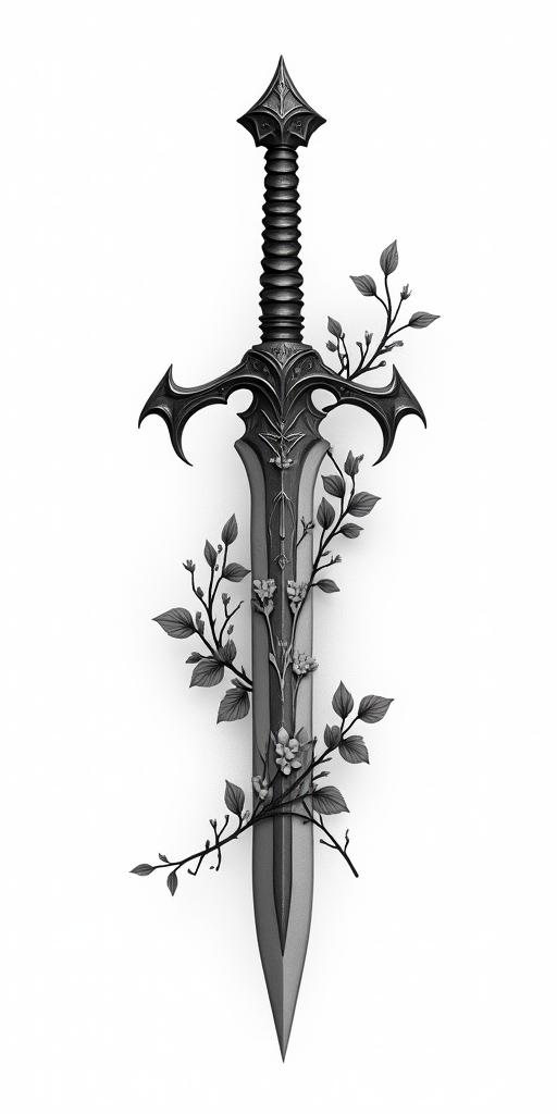 Assassins creed hidden blade with flowers, thorns blood and vines intertwined in elegant cursive calligraphy style 2d tattoo, decorate with roses, featuring a smooth and flowing handwritten script with slightly thickened strokes for a luxurious and bold appearance,  heart symbol between names,  sleek and glossy black text with shadowing, minimalist matte white background, clean and sharp edges, illuminated with soft lighting, romantic, 8k, high-quality textures with refined typography - Variation 3