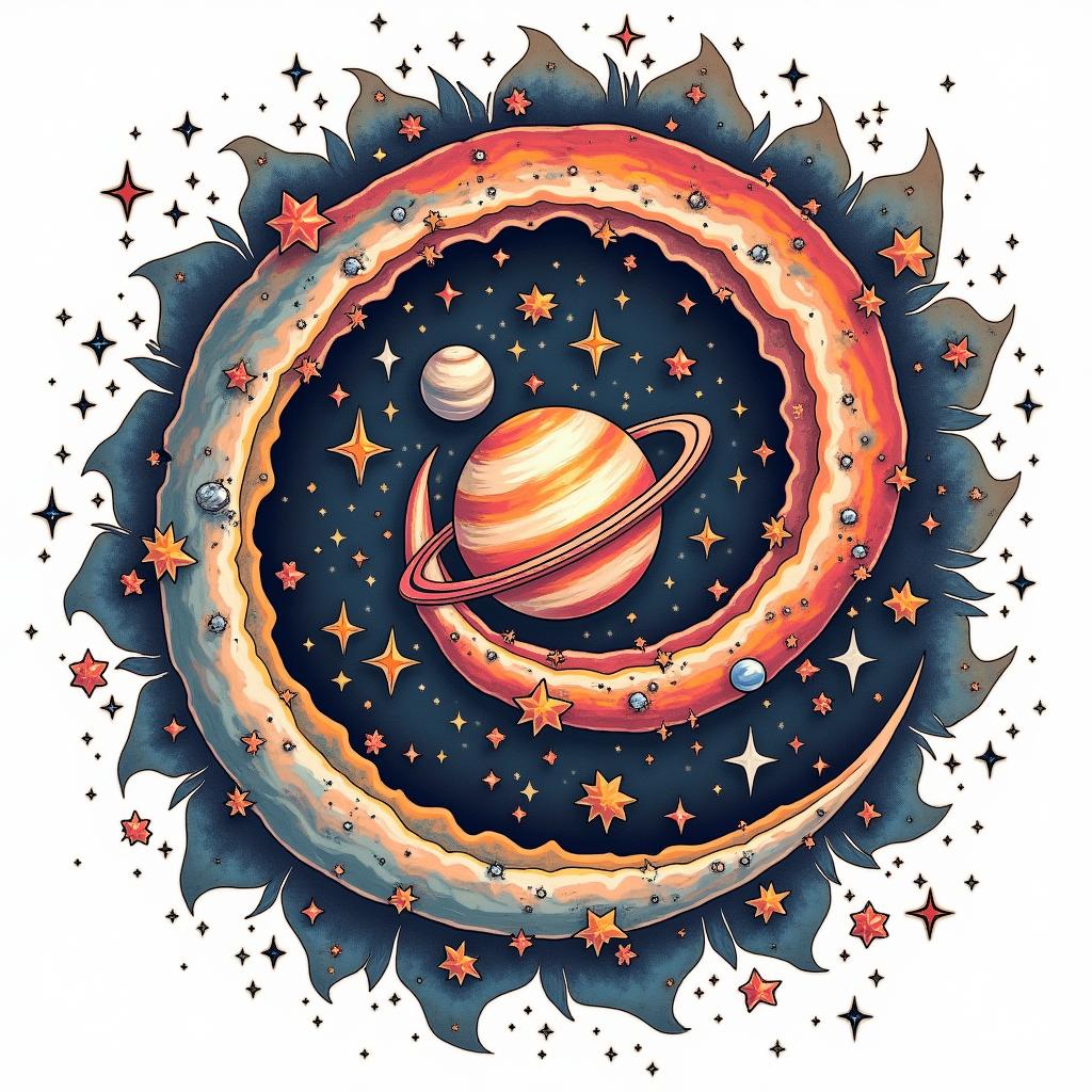 Spiral galaxy with stars and planetsin pop art style tattoo, featuring bold and vibrant colors, exaggerated outlines, iconic imagery, inspired by comic books and speech bubbles, comic book characters, retro pop culture - Variation 6