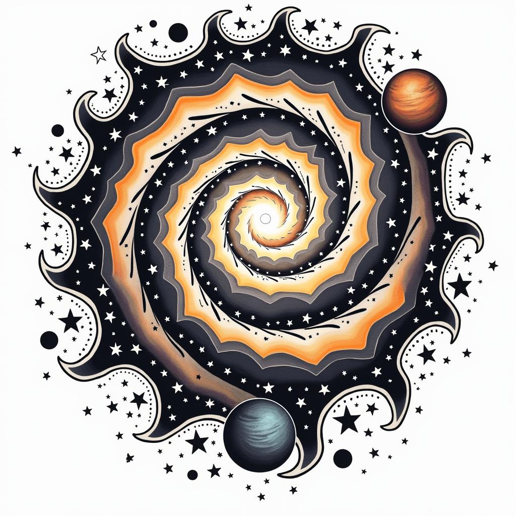 Spiral galaxy with stars and planetsin pop art style tattoo, featuring bold and vibrant colors, exaggerated outlines, iconic imagery, inspired by comic books and speech bubbles, comic book characters, retro pop culture - Variation 9