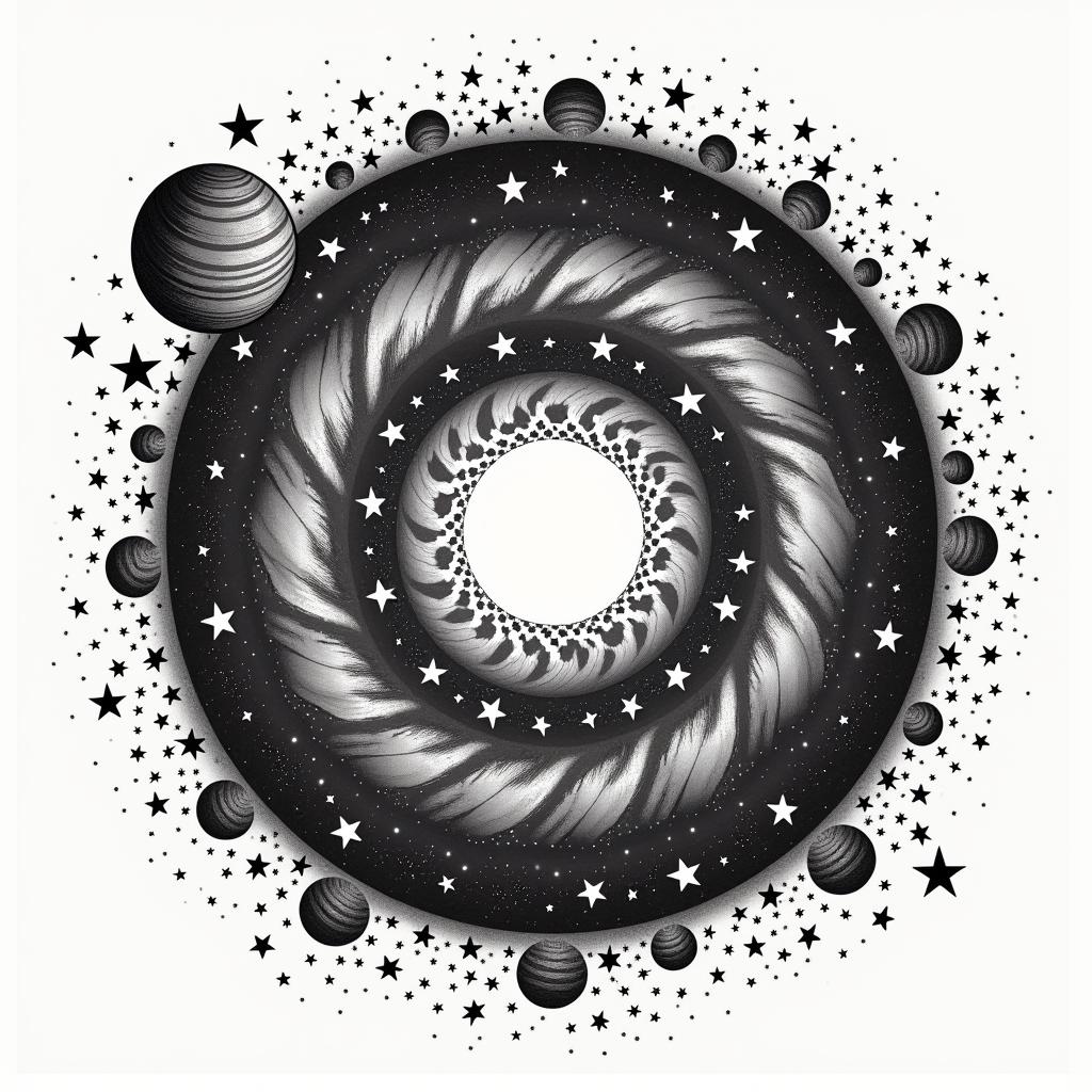 Spiral galaxy with stars and planetsin pop art style tattoo, featuring bold and vibrant colors, exaggerated outlines, iconic imagery, inspired by comic books and speech bubbles, comic book characters, retro pop culture - Variation 7