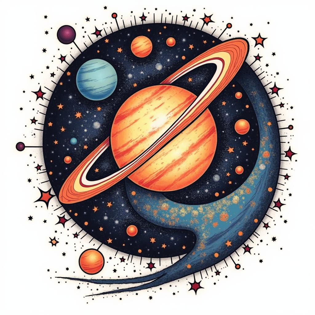 Spiral galaxy with stars and planetsin pop art style tattoo, featuring bold and vibrant colors, exaggerated outlines, iconic imagery, inspired by comic books and speech bubbles, comic book characters, retro pop culture - Variation 8