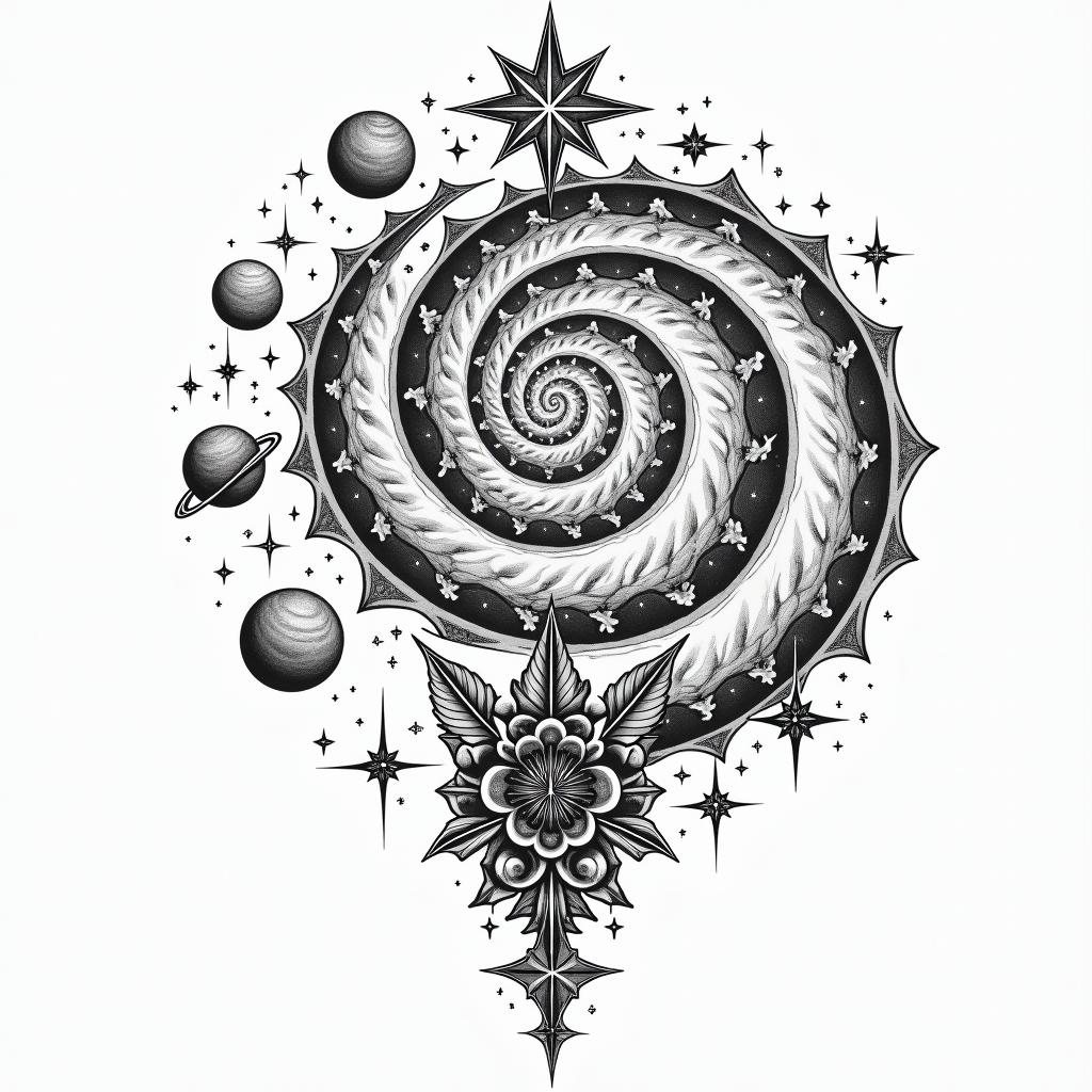 Spiral galaxy with stars and planetsin ornamental tattoo style, featuring intricate symmetrical patterns and floral designs, showcasing highly detailed line work and geometric shapes, creating a sense of elegance and balance - Variation 2