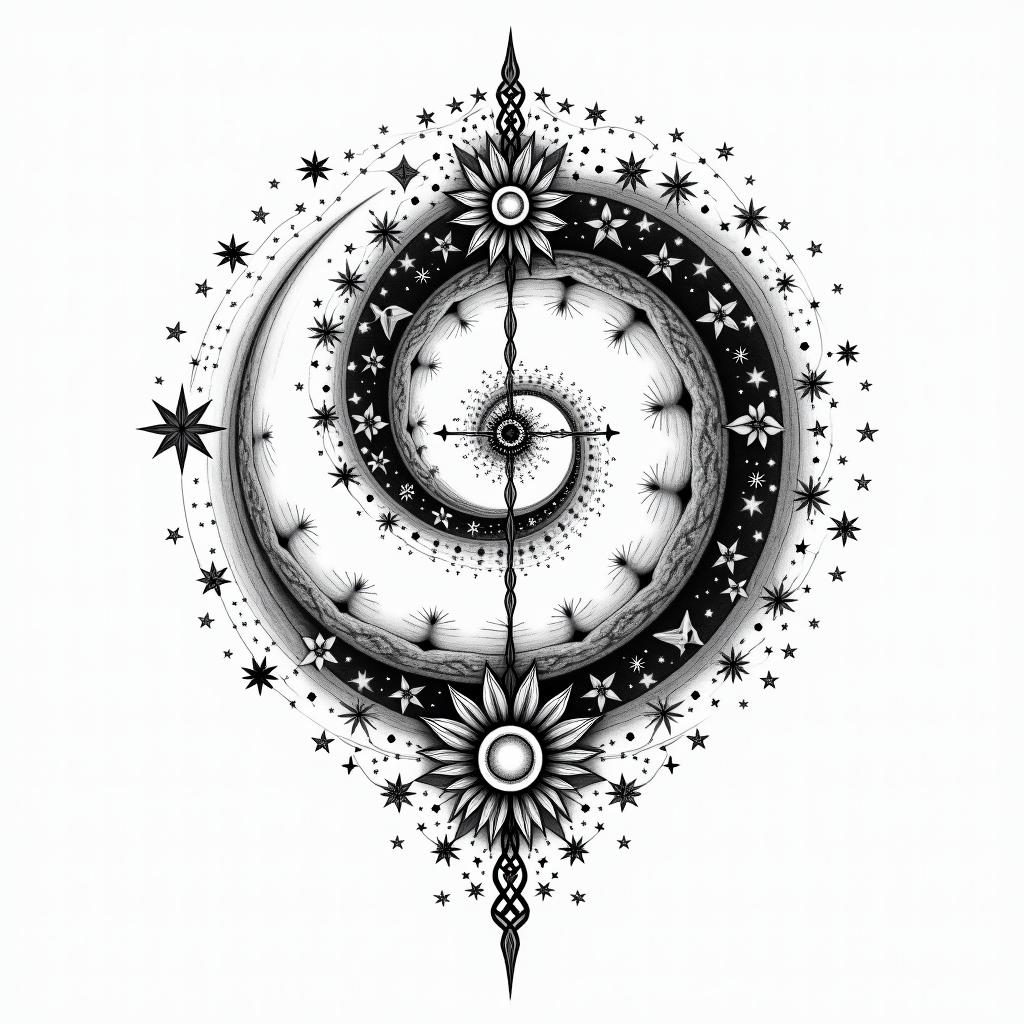 Spiral galaxy with stars and planetsin ornamental tattoo style, featuring intricate symmetrical patterns and floral designs, showcasing highly detailed line work and geometric shapes, creating a sense of elegance and balance