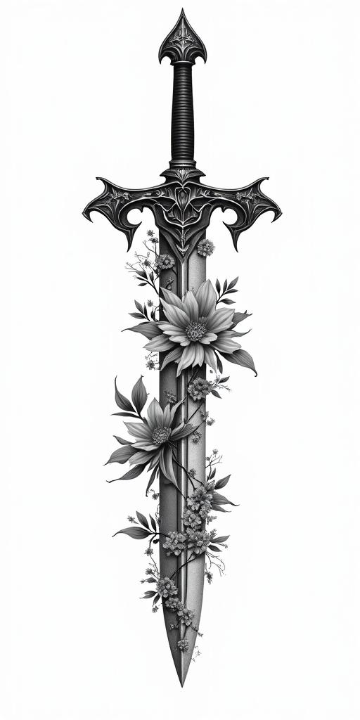 Assassins creed hidden blade with flowers, thorns, lots of blood and vines intertwined in bohemian style tattoo, 8k - Variation 3