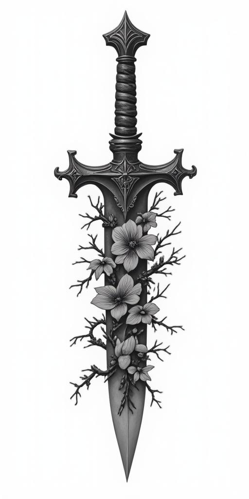 Assassins creed hidden blade with flowers, thorns, lots of blood and vines intertwined in bohemian style tattoo, 8k - Variation 2