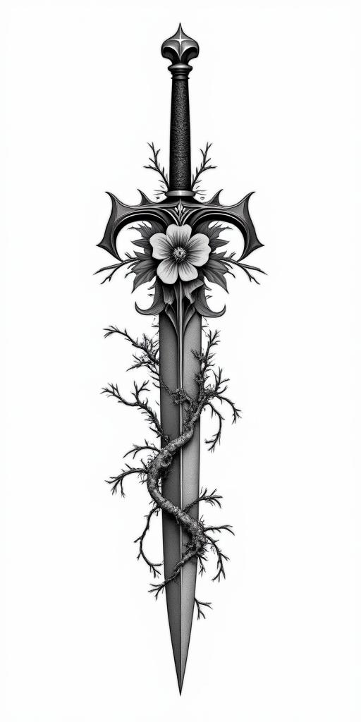 Assassins creed hidden blade with flowers, thorns, lots of blood and vines intertwined in bohemian style tattoo, 8k
