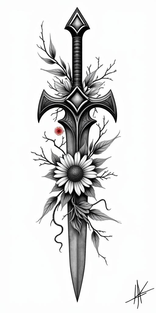 Assassins creed hidden blade with flowers, thorns, lots of blood and vines in egyptian style tattoo, bold elements of ancient egyptian culture including a portrait of an Egyptian pharaoh with detailed facial features, in hieroglyphs and symbolic imagery, eye of horus, ankh symbol, scarab beetle