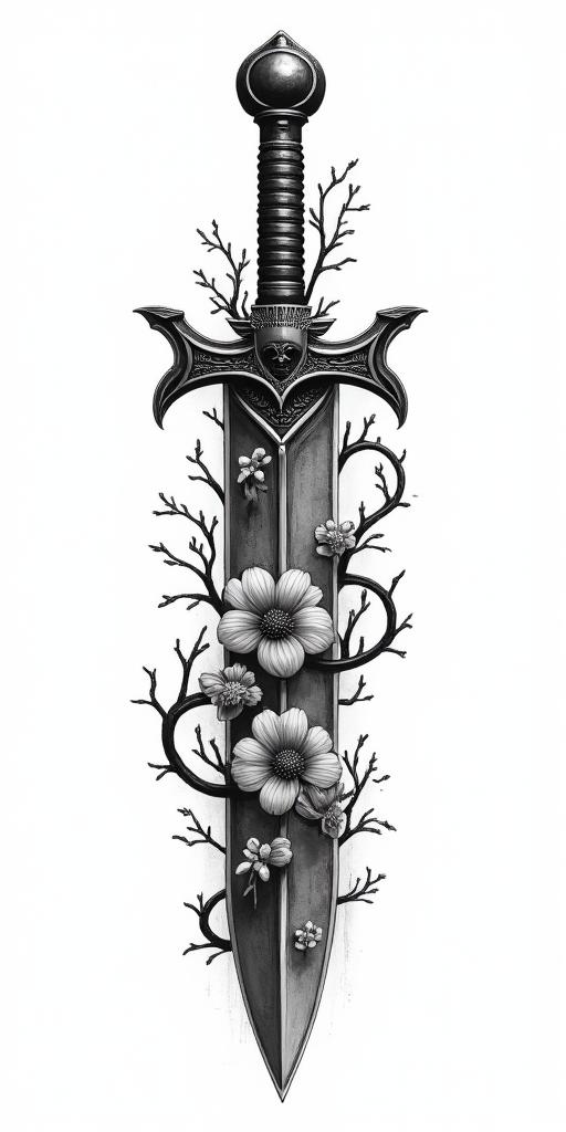 Assassins creed hidden blade with flowers, thorns, lots of blood and vines in egyptian style tattoo, bold elements of ancient egyptian culture including a portrait of an Egyptian pharaoh with detailed facial features, in hieroglyphs and symbolic imagery, eye of horus, ankh symbol, scarab beetle - Variation 3