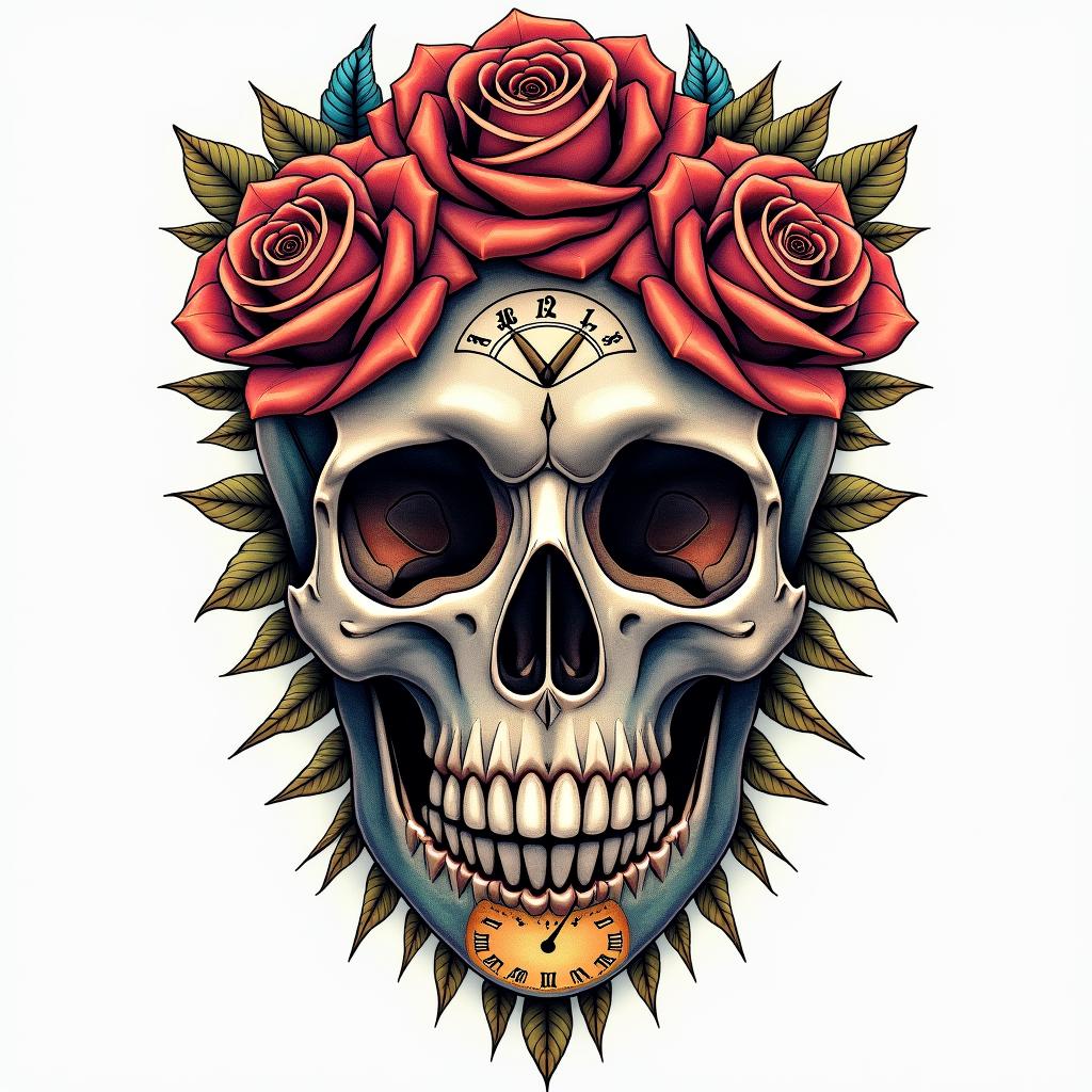 Skull with roses and clock elements in geometric style tattoo, blending hexagons, mandala-inspired patterns, symmetrical and fractal design, clean lines, sharp angles - Variation 4
