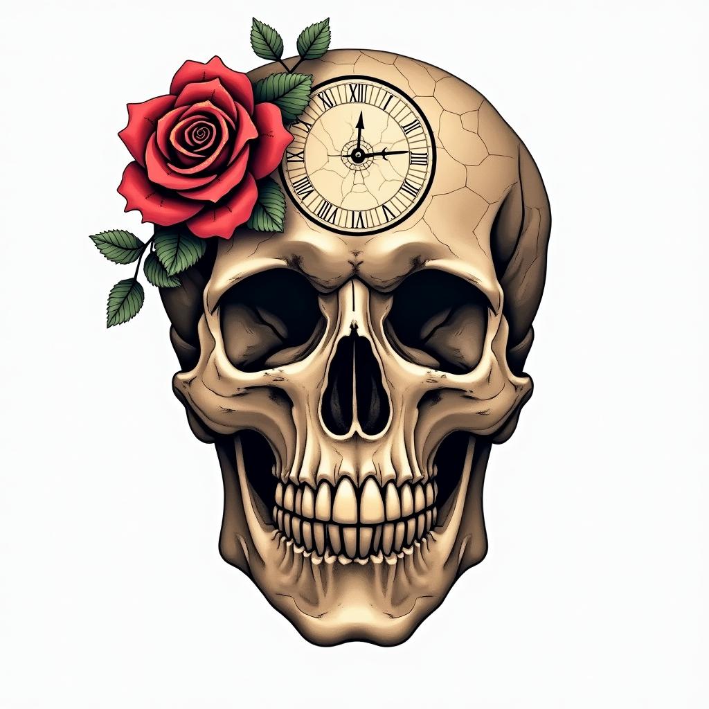 Skull with roses and clock elements in geometric style tattoo, blending hexagons, mandala-inspired patterns, symmetrical and fractal design, clean lines, sharp angles - Variation 1