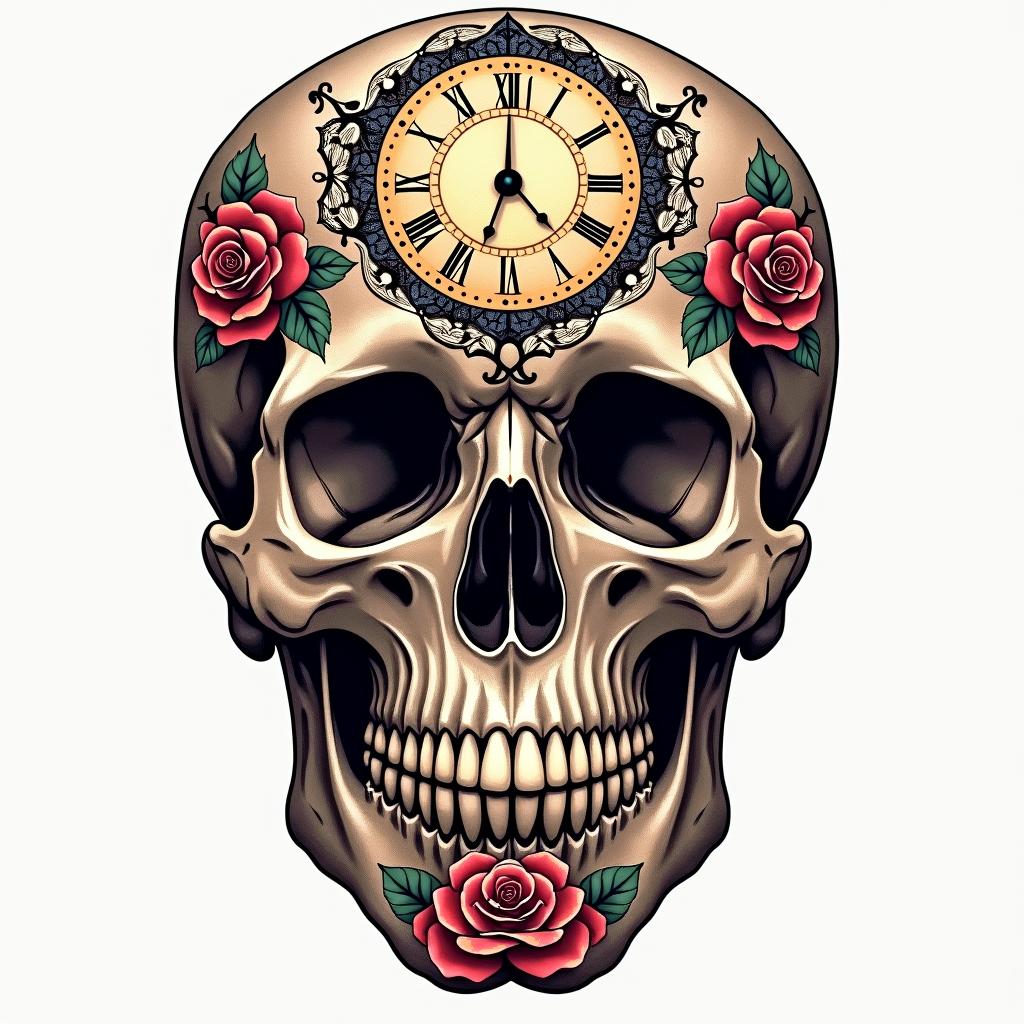 Skull with roses and clock elements in geometric style tattoo, blending hexagons, mandala-inspired patterns, symmetrical and fractal design, clean lines, sharp angles - Variation 2