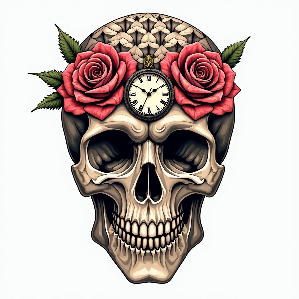 Skull with roses and clock elements in geometric style tattoo, blending hexagons, mandala-inspired patterns, symmetrical and fractal design, clean lines, sharp angles - Variation 3