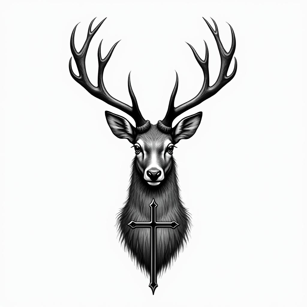 Deer with a crosshigly detailed tattoo