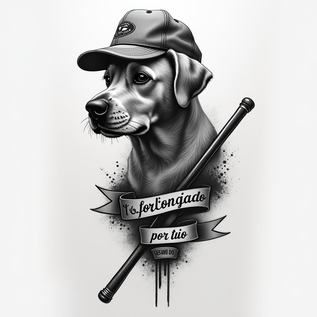 A tribute tattoo to a beloved grandfather featuring a silhouette of a dog, a classic cap, and a pool cue, symbolizing his love for playing pool and dogs. The design captures an emotional connection with the phrase "Obrigado por tudo" artistically integrated into the composition, conveying love and gratitude.higly detailed tattoo - Variation 4