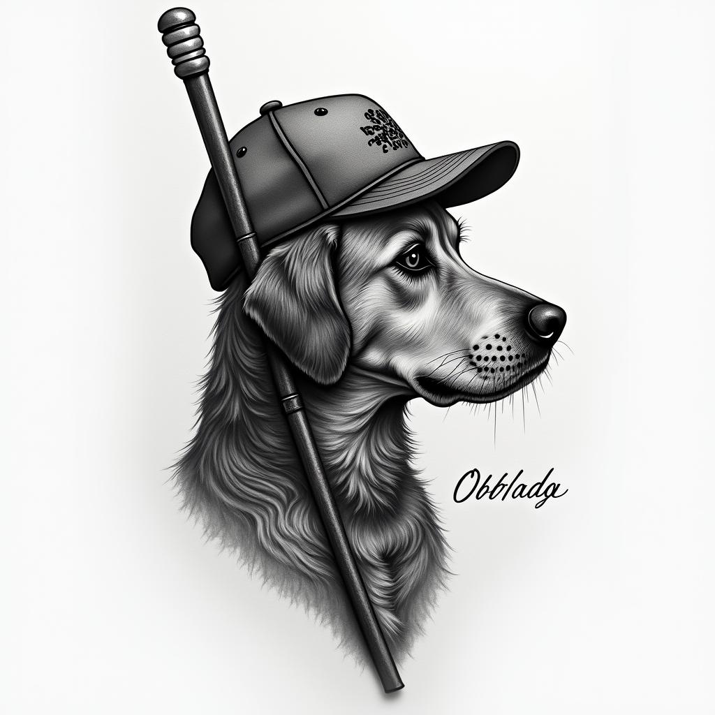 A tribute tattoo to a beloved grandfather featuring a silhouette of a dog, a classic cap, and a pool cue, symbolizing his love for playing pool and dogs. The design captures an emotional connection with the phrase "Obrigado por tudo" artistically integrated into the composition, conveying love and gratitude.higly detailed tattoo - Variation 3