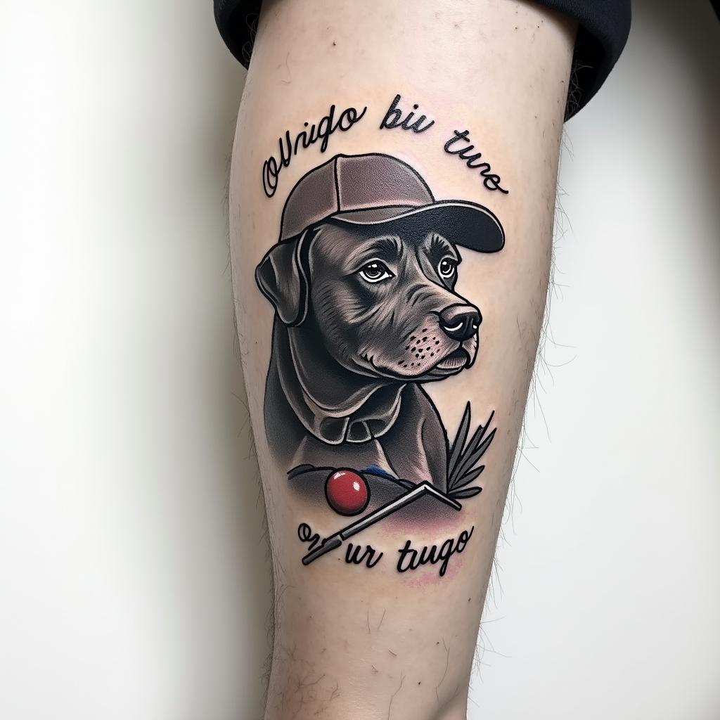 A tribute tattoo to a beloved grandfather featuring a silhouette of a dog, a classic cap, and a pool cue, symbolizing his love for playing pool and dogs. The design captures an emotional connection with the phrase "Obrigado por tudo" artistically integrated into the composition, conveying love and gratitude.higly detailed tattoo - Variation 2