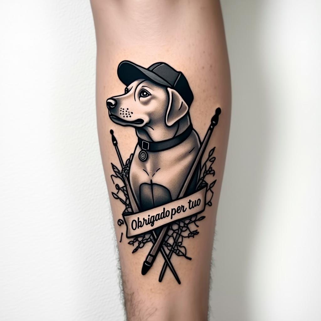 A tribute tattoo to a beloved grandfather featuring a silhouette of a dog, a classic cap, and a pool cue, symbolizing his love for playing pool and dogs. The design captures an emotional connection with the phrase "Obrigado por tudo" artistically integrated into the composition, conveying love and gratitude.higly detailed tattoo