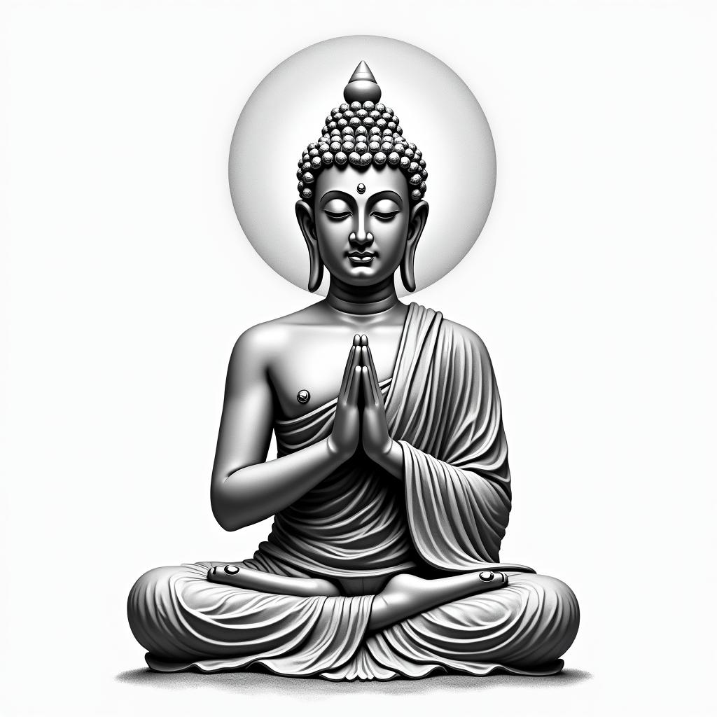 Buddha, Sagittarius, peacein realism tattoo style, featuring a highly detailed, lifelike, capturing every detail, photorealistic, ultra realistic, intricate shading, smooth and sharp,  