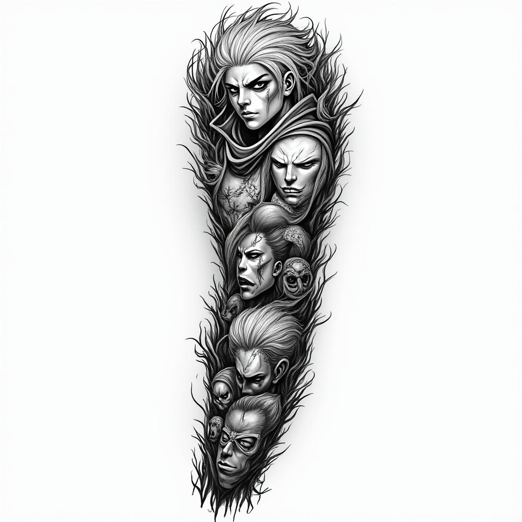 A highly detailed half sleeve tattoo featuring various characters from Black Clover, artistically represented in an illustrative style. The design captures the essence of coolness and camaraderie, with dynamic poses and intricate patterns that symbolize determination and courage.higly detailed tattoo