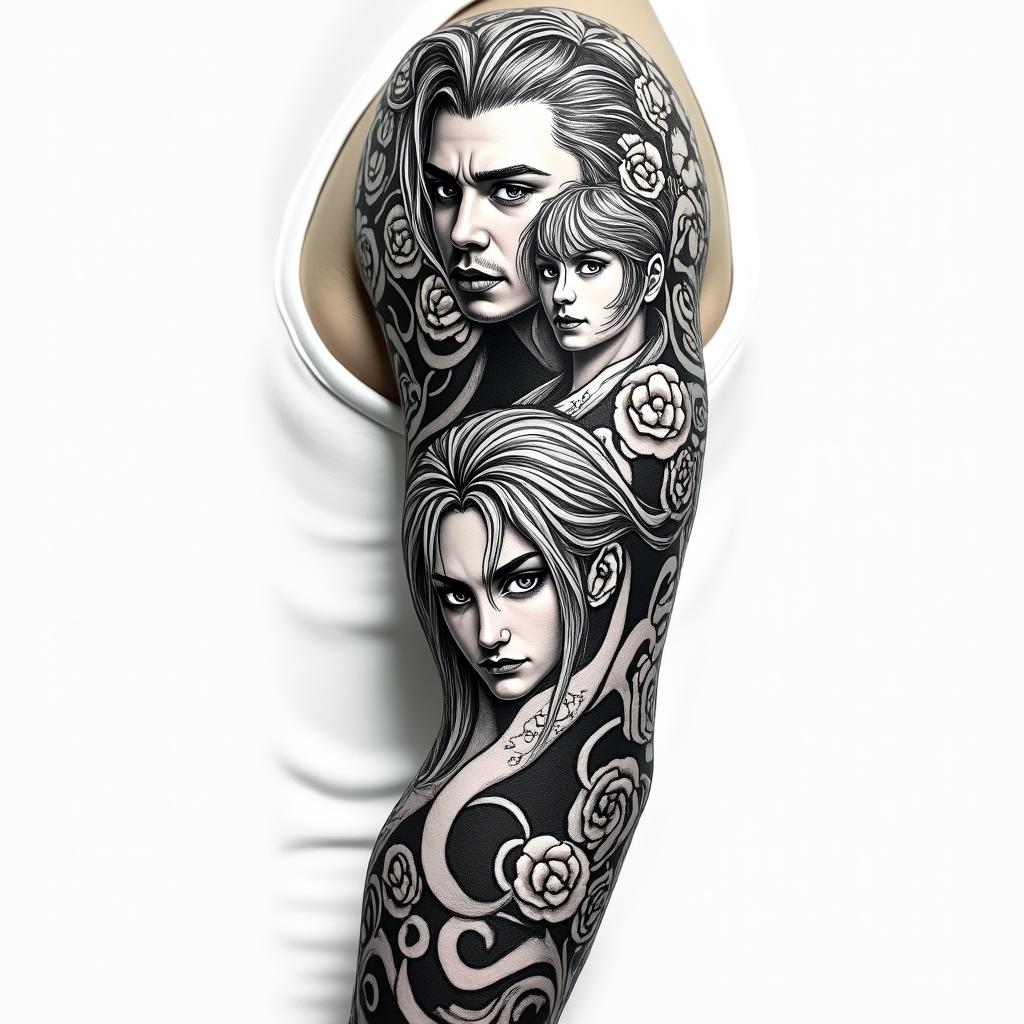 A highly detailed half sleeve tattoo featuring various characters from Black Clover, artistically represented in an illustrative style. The design captures the essence of coolness and camaraderie, with dynamic poses and intricate patterns that symbolize determination and courage.higly detailed tattoo - Variation 4