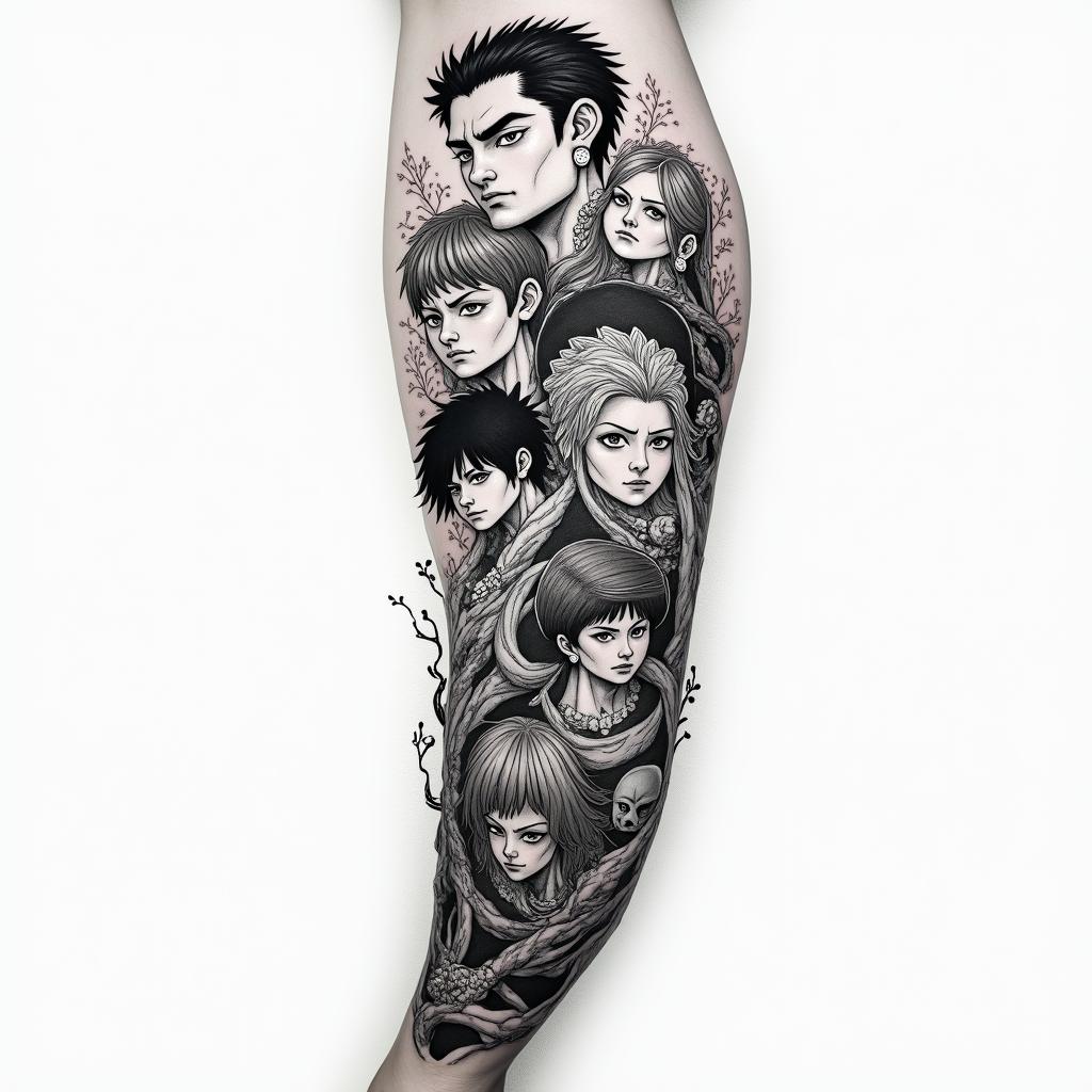 A highly detailed half sleeve tattoo featuring various characters from Black Clover, artistically represented in an illustrative style. The design captures the essence of coolness and camaraderie, with dynamic poses and intricate patterns that symbolize determination and courage.higly detailed tattoo - Variation 2