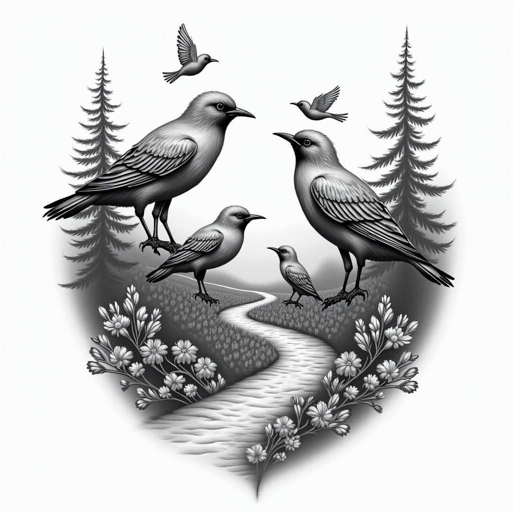 A couples tattoo representing a love story, featuring two larger birds symbolizing the parents, alongside three little birds for their daughters and a tiny baby bird for their new grandbaby. Set in a serene forest mountain backdrop, incorporating the winding path of a "broken road" symbolizing their journey to find each other later in life. Include the text "3-17-18" to commemorate their wedding date.higly detailed tattoo - Variation 4