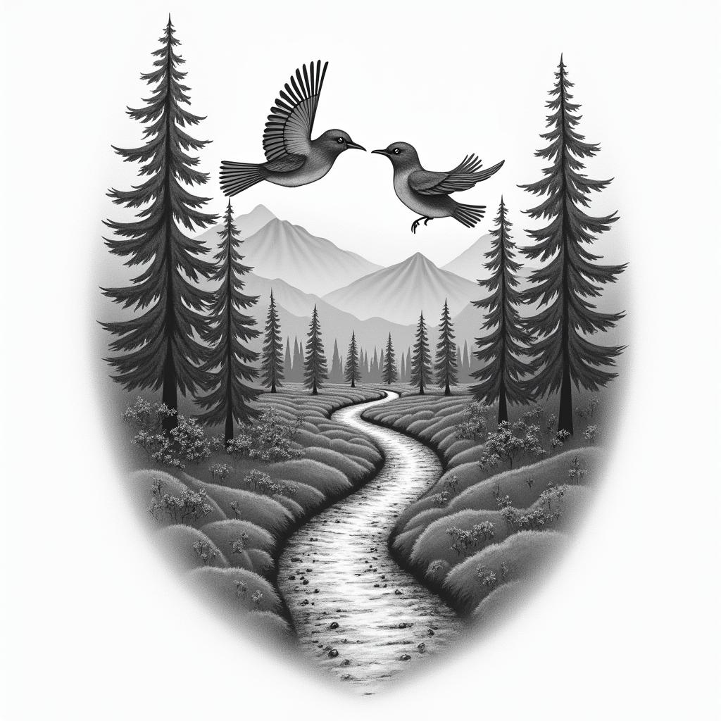 A couples tattoo representing a love story, featuring two larger birds symbolizing the parents, alongside three little birds for their daughters and a tiny baby bird for their new grandbaby. Set in a serene forest mountain backdrop, incorporating the winding path of a "broken road" symbolizing their journey to find each other later in life. Include the text "3-17-18" to commemorate their wedding date.higly detailed tattoo