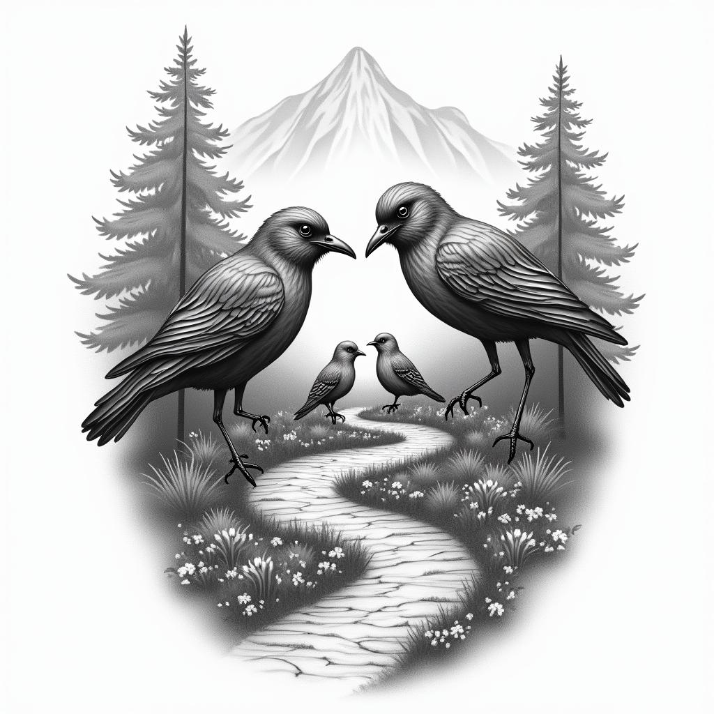 A couples tattoo representing a love story, featuring two larger birds symbolizing the parents, alongside three little birds for their daughters and a tiny baby bird for their new grandbaby. Set in a serene forest mountain backdrop, incorporating the winding path of a "broken road" symbolizing their journey to find each other later in life. Include the text "3-17-18" to commemorate their wedding date.higly detailed tattoo - Variation 3