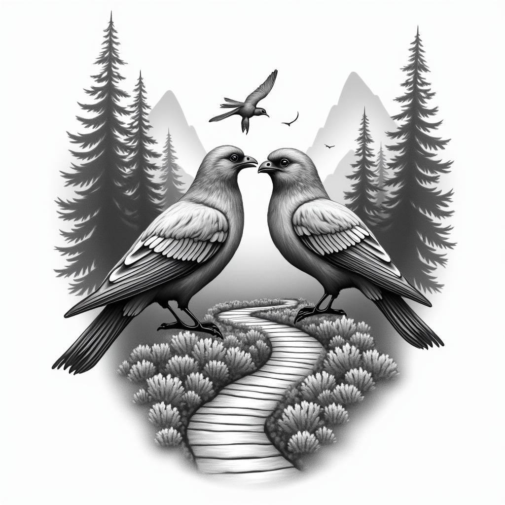 A couples tattoo representing a love story, featuring two larger birds symbolizing the parents, alongside three little birds for their daughters and a tiny baby bird for their new grandbaby. Set in a serene forest mountain backdrop, incorporating the winding path of a "broken road" symbolizing their journey to find each other later in life. Include the text "3-17-18" to commemorate their wedding date.higly detailed tattoo - Variation 2