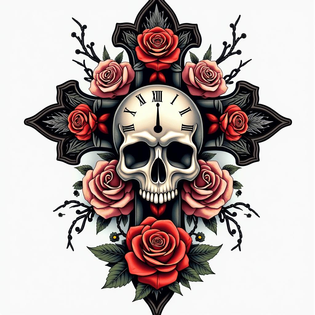 Skull with roses and clock elementsin chicano style tattoo, featuring intricate black and grey shading, bold elements of traditional chicano culture symbols, add a big cross with skull, chains and roses - Variation 7