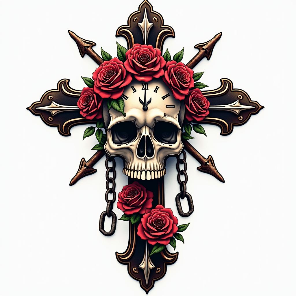 Skull with roses and clock elementsin chicano style tattoo, featuring intricate black and grey shading, bold elements of traditional chicano culture symbols, add a big cross with skull, chains and roses - Variation 5
