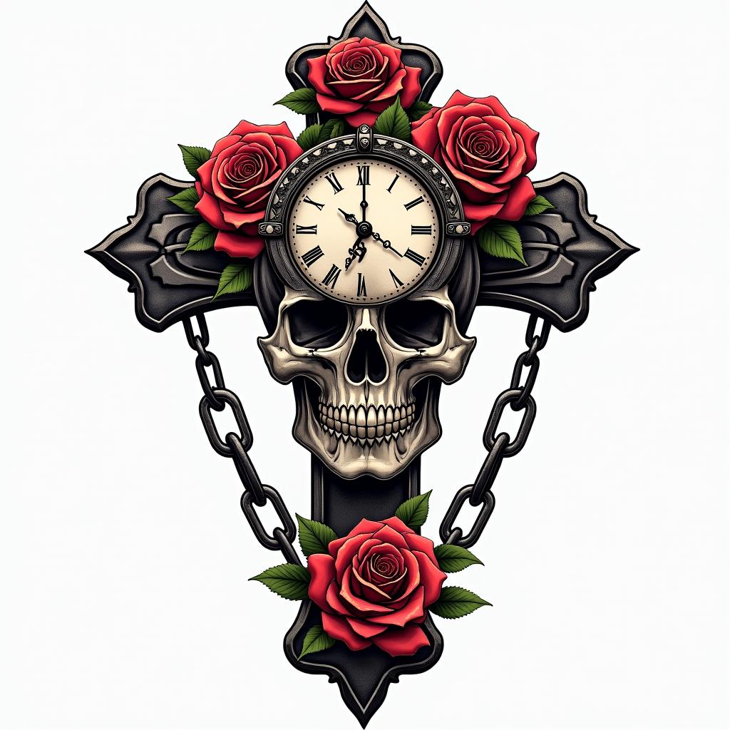 Skull with roses and clock elementsin chicano style tattoo, featuring intricate black and grey shading, bold elements of traditional chicano culture symbols, add a big cross with skull, chains and roses - Variation 6