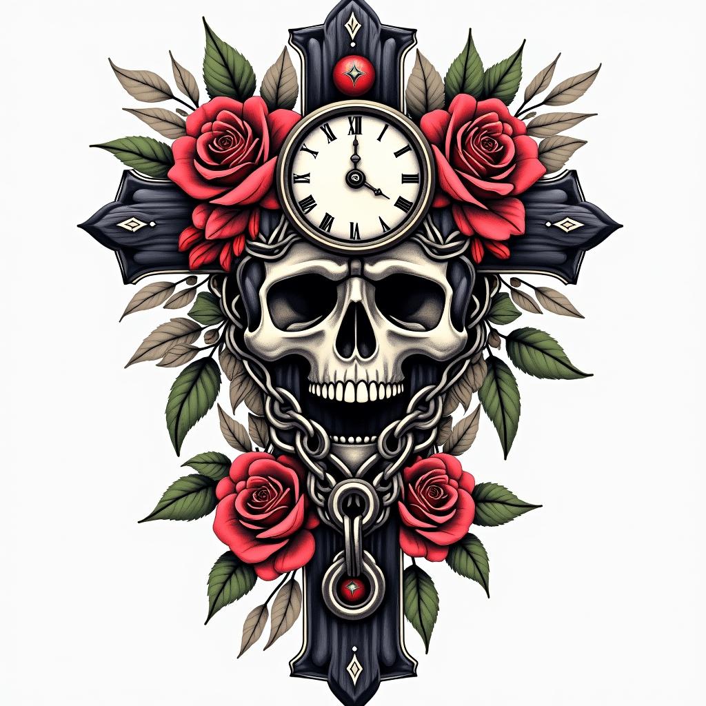 Skull with roses and clock elementsin chicano style tattoo, featuring intricate black and grey shading, bold elements of traditional chicano culture symbols, add a big cross with skull, chains and roses - Variation 8