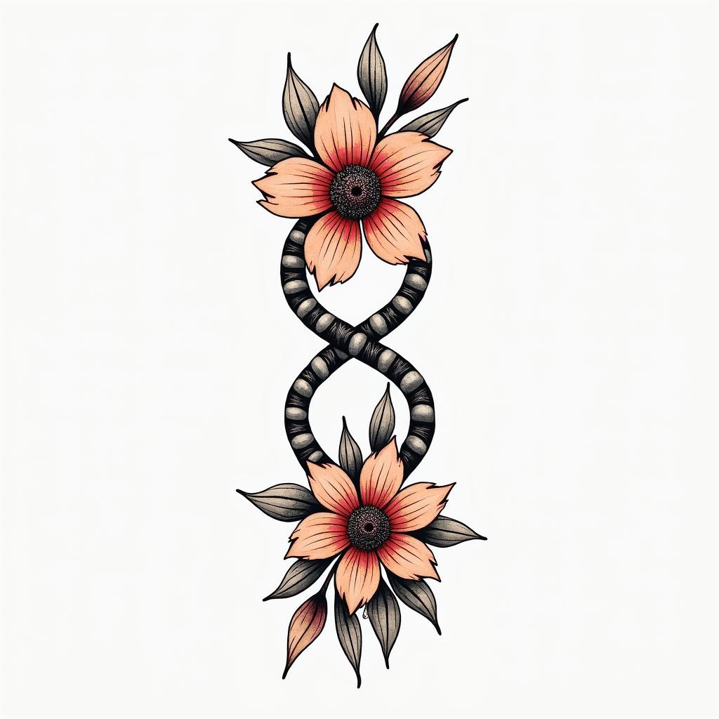 A tattoo design featuring the birth flowers arranged in a sequence: a poinsettia for Ethan (December) first, followed by daisies for Adaesha (April) second, daisies for Alijiah (April) third, and a gladiolus for Elias (August) at the end. The flowers are surrounded by an infinity symbol to represent family unity, done in vibrant colors that reflect the natural hues of each flower.higly detailed tattoo