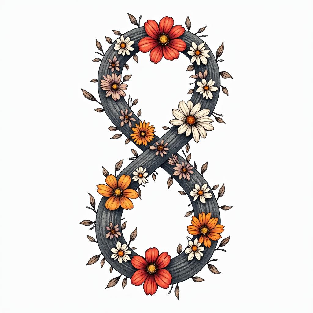 A tattoo design featuring the birth flowers arranged in a sequence: a poinsettia for Ethan (December) first, followed by daisies for Adaesha (April) second, daisies for Alijiah (April) third, and a gladiolus for Elias (August) at the end. The flowers are surrounded by an infinity symbol to represent family unity, done in vibrant colors that reflect the natural hues of each flower.higly detailed tattoo - Variation 4