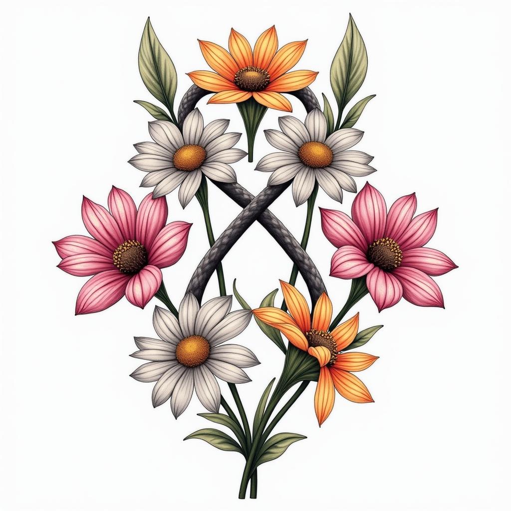 A tattoo design featuring the birth flowers arranged in a sequence: a poinsettia for Ethan (December) first, followed by daisies for Adaesha (April) second, daisies for Alijiah (April) third, and a gladiolus for Elias (August) at the end. The flowers are surrounded by an infinity symbol to represent family unity, done in vibrant colors that reflect the natural hues of each flower.higly detailed tattoo - Variation 3