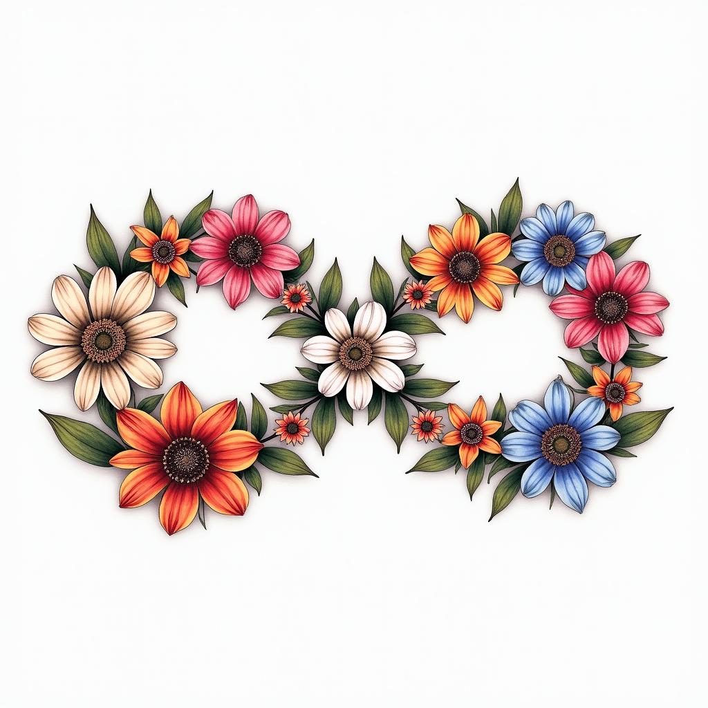 A tattoo design featuring the birth flowers arranged in a sequence: a poinsettia for Ethan (December) first, followed by daisies for Adaesha (April) second, daisies for Alijiah (April) third, and a gladiolus for Elias (August) at the end. The flowers are surrounded by an infinity symbol to represent family unity, done in vibrant colors that reflect the natural hues of each flower.higly detailed tattoo - Variation 2