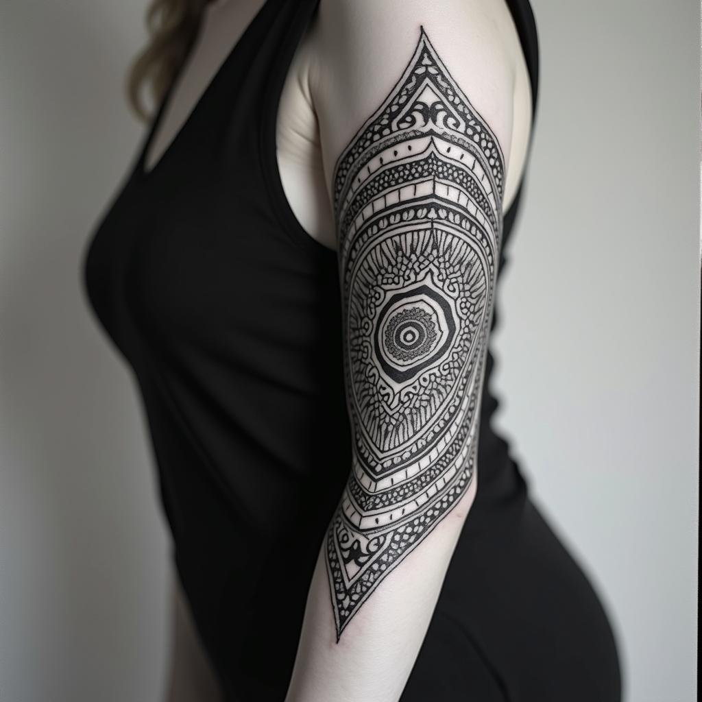Playful, feminine, minimalistin dotwork style tattoo, complex mandala patterns, interlocking geometric shapes with sharp symmetry, clean lines, sharp angles - Variation 4