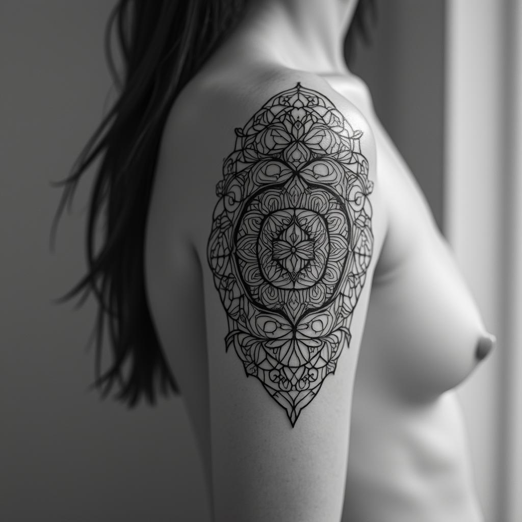 Playful, feminine, minimalistin dotwork style tattoo, complex mandala patterns, interlocking geometric shapes with sharp symmetry, clean lines, sharp angles - Variation 3