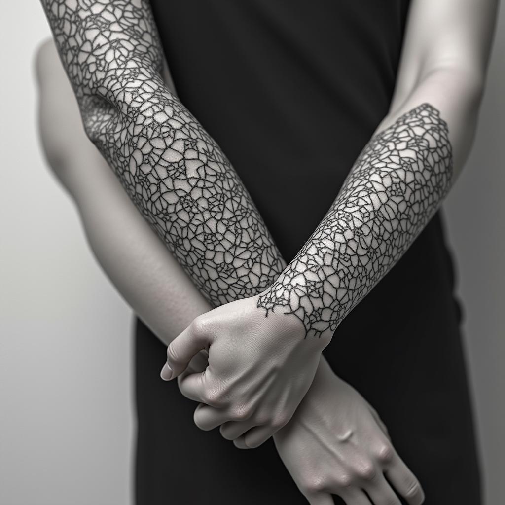 Playful, feminine, minimalistin dotwork style tattoo, complex mandala patterns, interlocking geometric shapes with sharp symmetry, clean lines, sharp angles - Variation 2