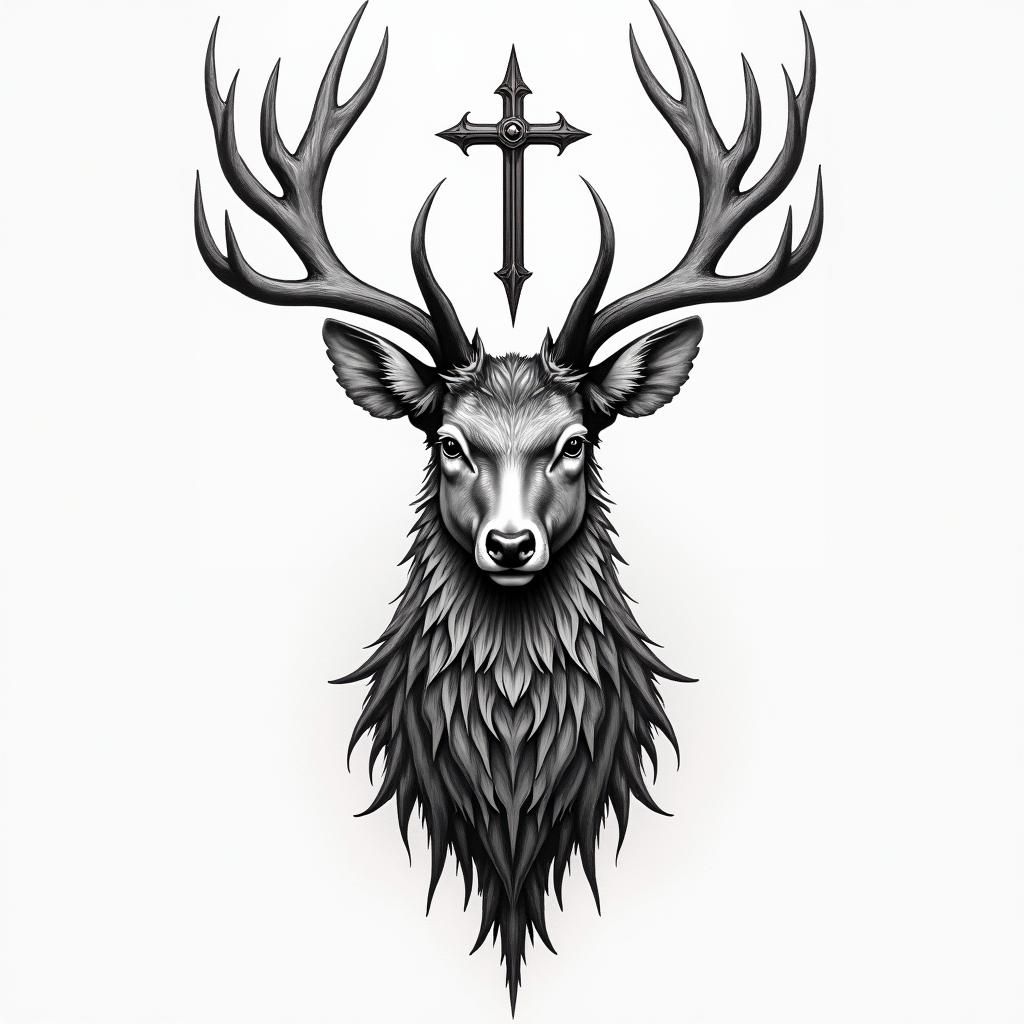 Color deer tattoo with a crosshigly detailed tattoo - Variation 3