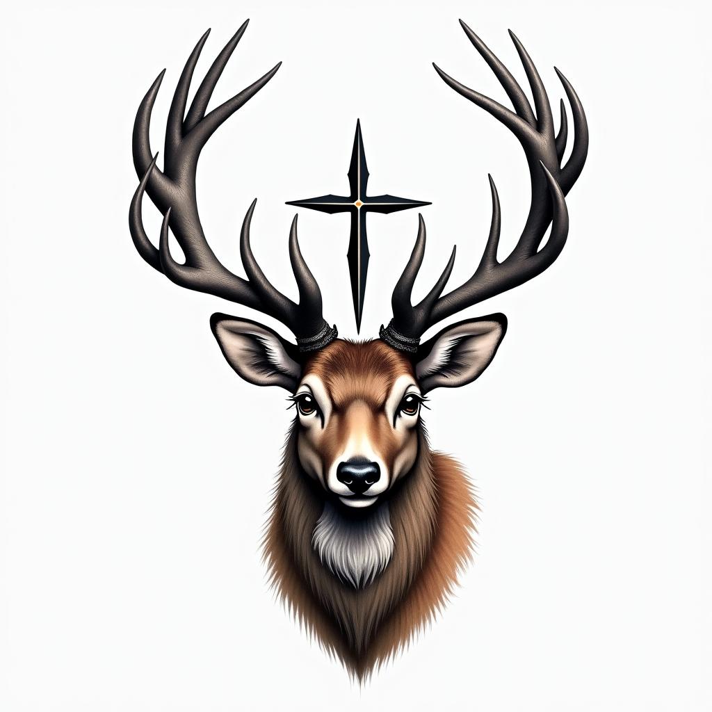 Color deer tattoo with a crosshigly detailed tattoo