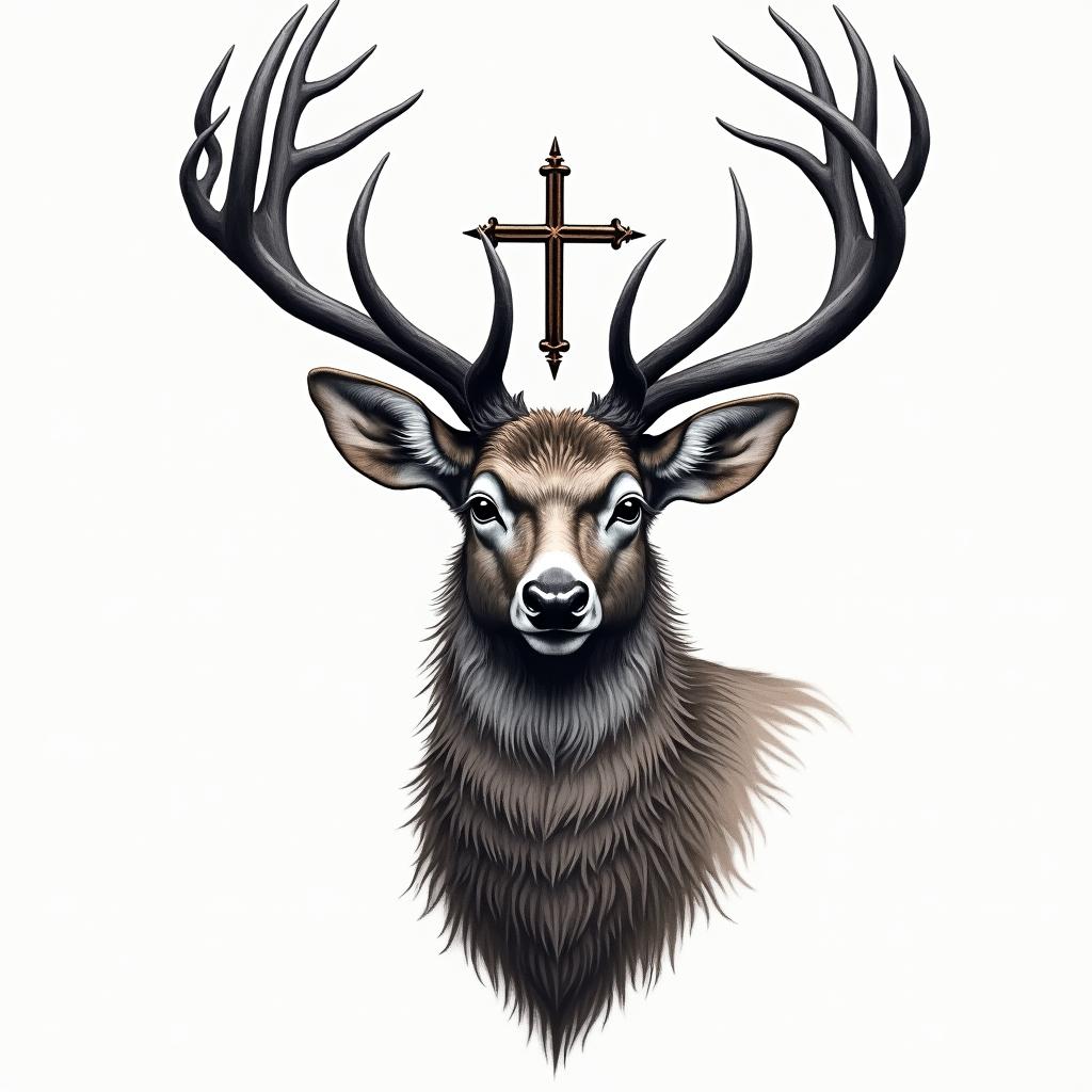 Color deer tattoo with a crosshigly detailed tattoo - Variation 4