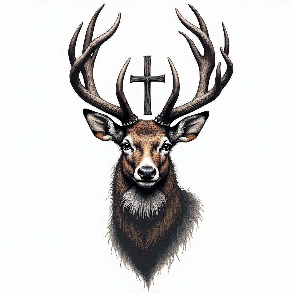 Color deer tattoo with a crosshigly detailed tattoo - Variation 2