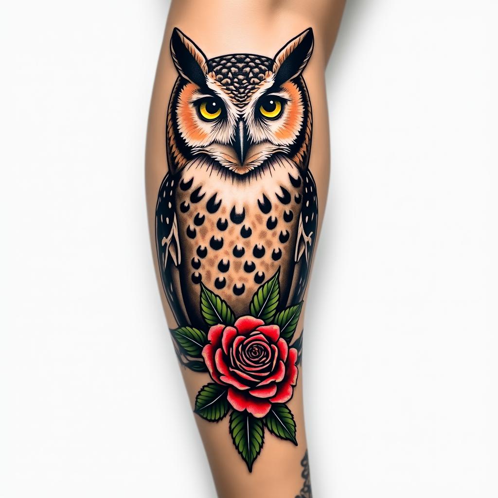 Owl, dog paw, rose, cannabis leaf, metal heart on arm sleevein pop art style tattoo, featuring bold and vibrant colors, exaggerated outlines, iconic imagery, inspired by comic books and speech bubbles, comic book characters, retro pop culture